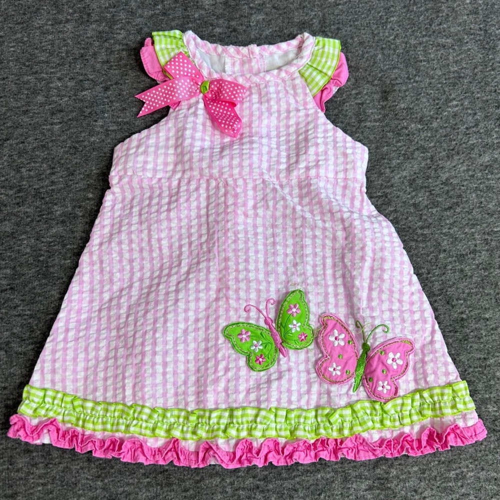 Rare Too Baby Girl Pink Seersucker Gingham Butterfly Dress 6/9 Months